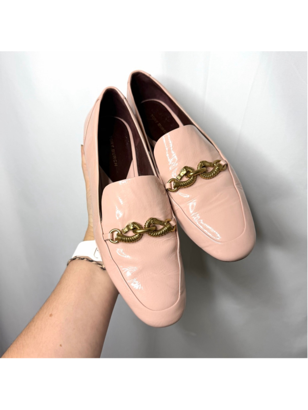 Women's Tory Burch Jessa Pink Patent Leather Loafers with Gold Chain, Size 8